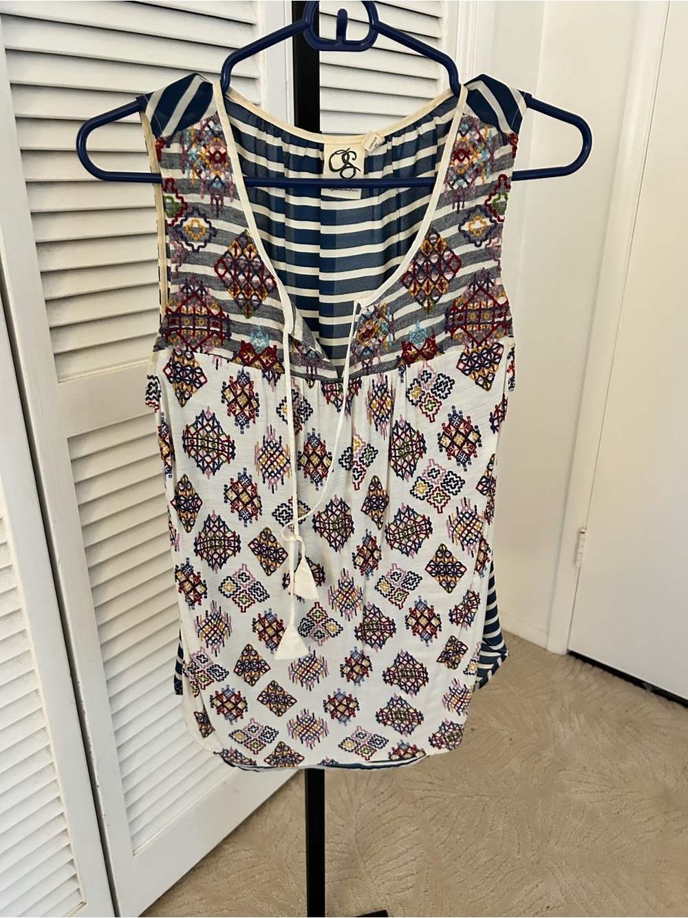 Striped Back and Printed Front Sleeveless Tank Top - Navy/White